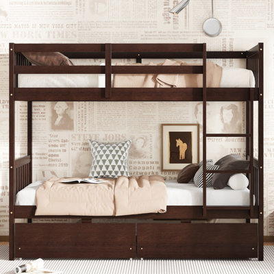 Rubber Wood Bunk Bed With 2 Drawers, Convertible Into 2  Beds,  Bunk Bed With Ladder And Safety Guardrails ,