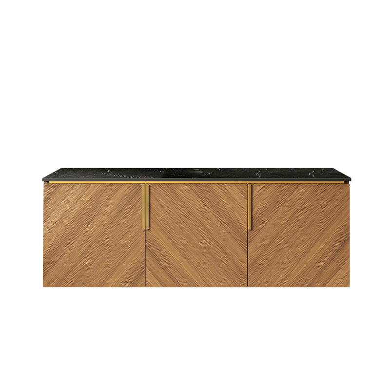 Pierre frittée noire 60 po avec comptoir à motif de pierres et armoire en chêne brun 60 po Arai