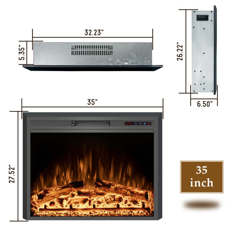 Abisia Black Electric Fireplace with 5120 BTU, 27.5" H x 35.6" W x 6.5" D