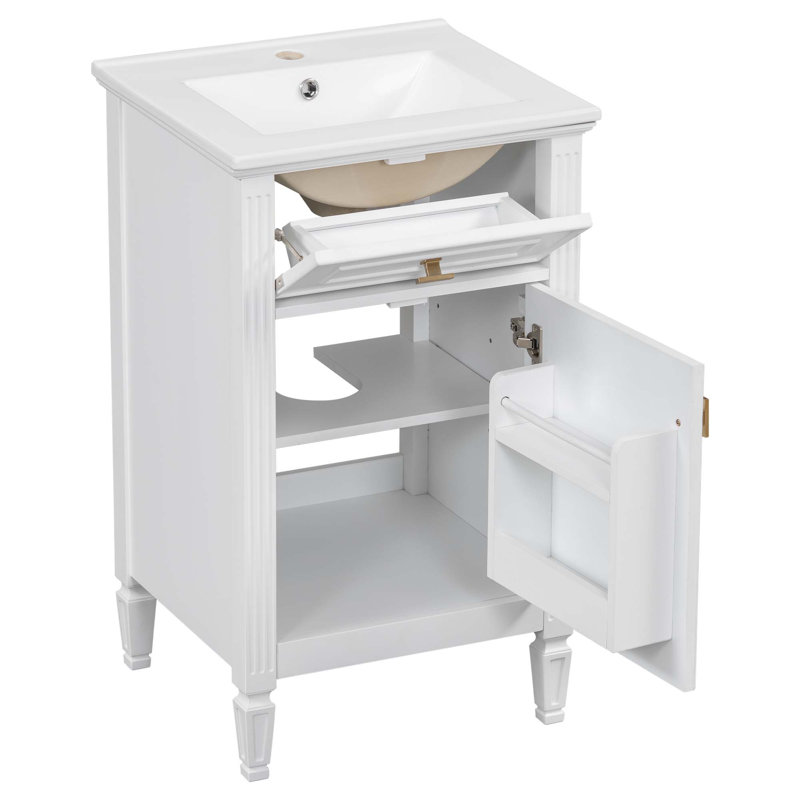 Meuble-lavabo de 20 po avec lavabo, pieds en bois massif, tablette réglable, tiroir inclinable, boutons en alliage de zinc, armoire autoportante moderne pour petite salle de bain