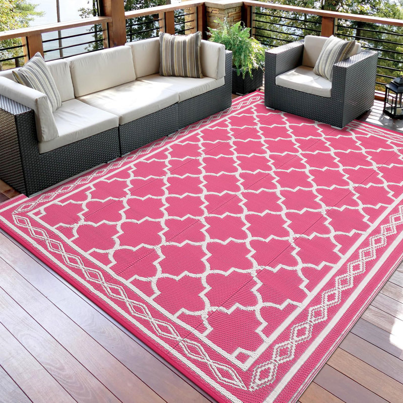 Tapis d'extérieur marocain en plastique paille imperméable et moderne pour le jardin, Rose rouge / blanc, 9 pi x 12 pi