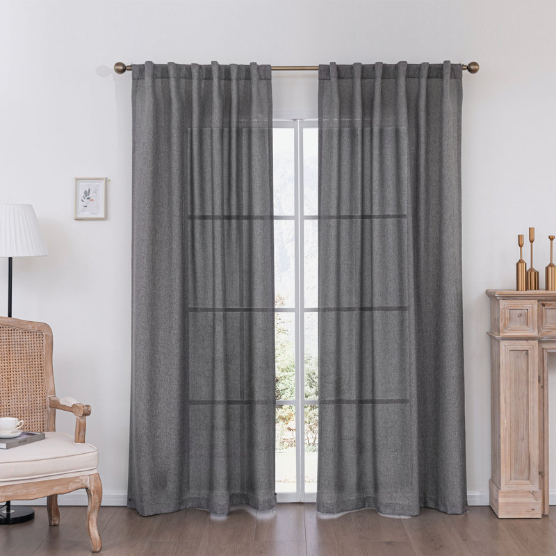 Dabachi Linen Textured Semi-Sheer Back Tab Curtain Pair, 52" W x 96" L, Dark Grey