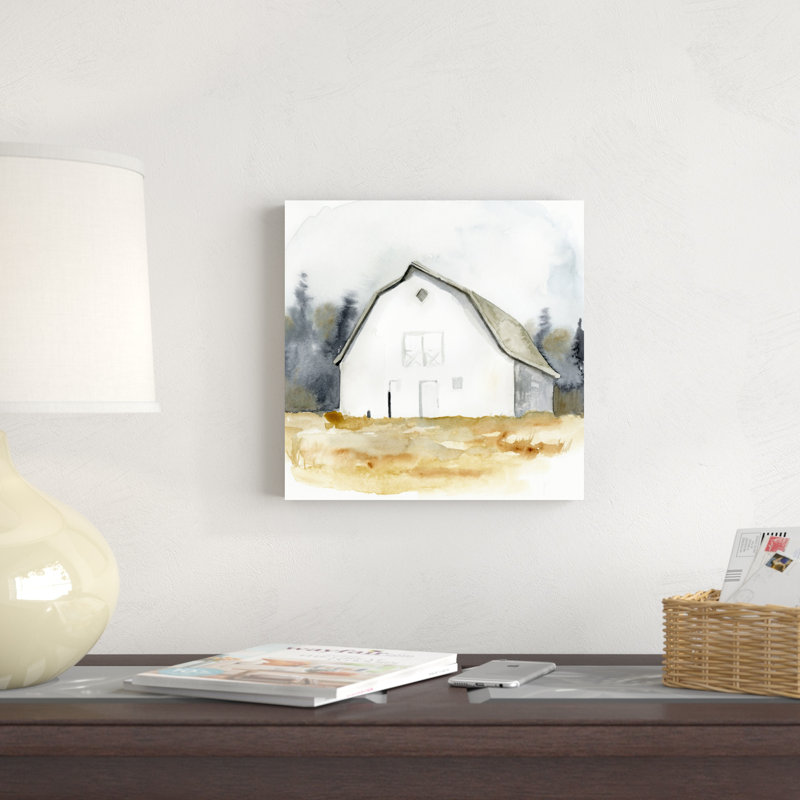 «White Barn Watercolor III» par Victoria Barnes - Peinture, H 12 po x l 12 po, Toile tendue, Non