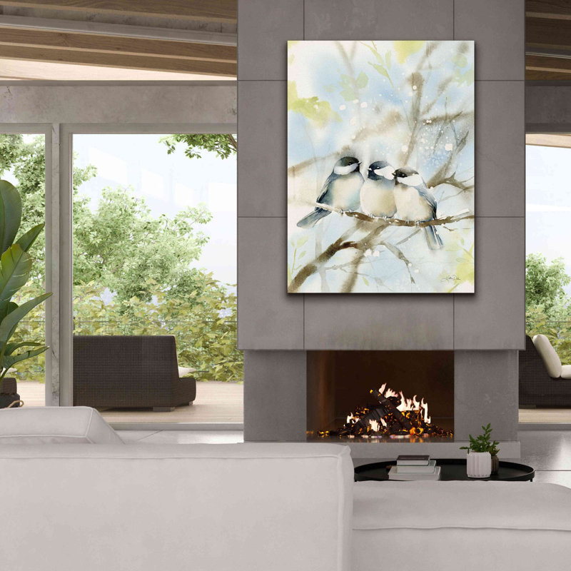«Three Chickadees in Spring» par Katrina Pete, estampe numérique sur toile, H 54 po x l 54 po x P 1,5 po