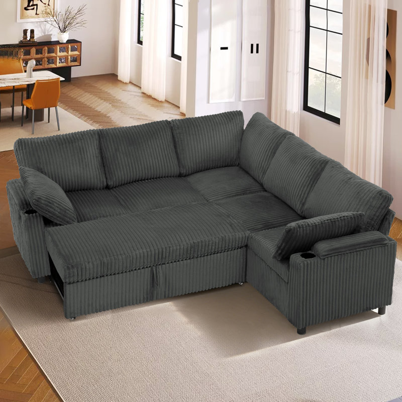 85" Corduroy Modular Corner Sofa With Usb Ports, Sectional L-Shaped Pull Out Sofa Bed For Living Room, House, Gray