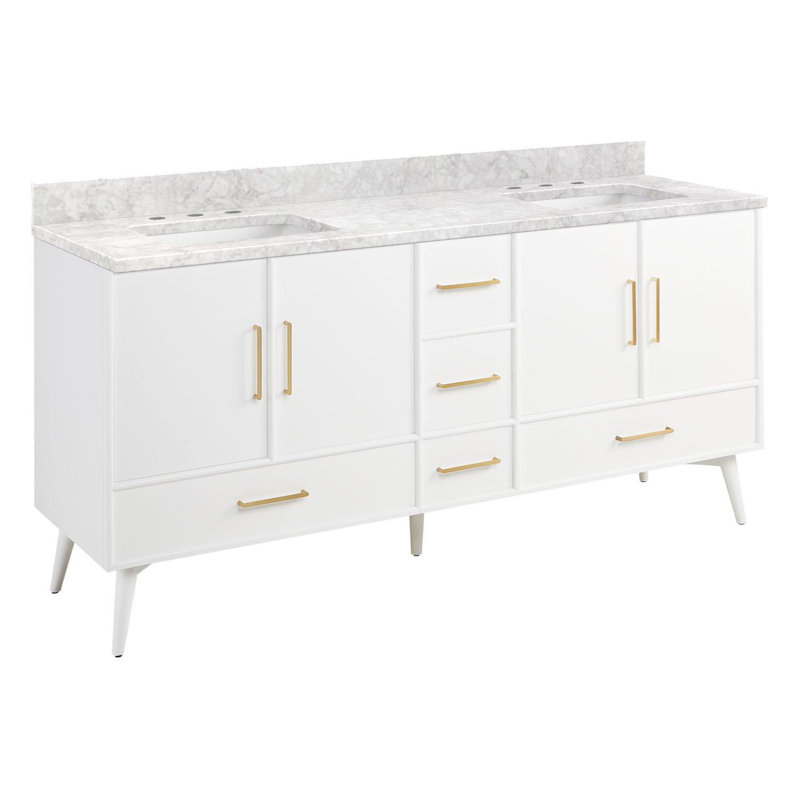 72" Novak Double Bathroom Vanity Set with Rectangular Undermount Sinks, Natural Teak, 8" Widespread, Carrara Marble