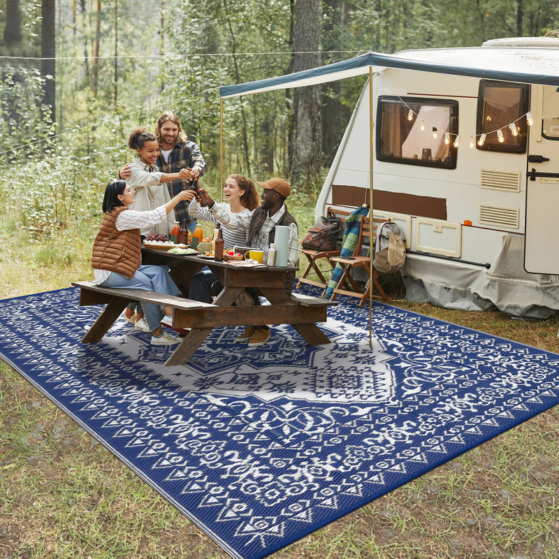 Reversible Waterproof Outdoor Rug 9x18ft – Large Plastic Straw Medallion Area Carpet for Patio, Deck, Balcony, Camping, RV, Beach, Picnic, All-Weather Mat – Navy Blue/White, USA