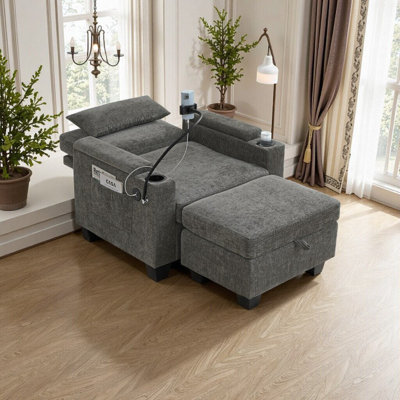 Manual Recline Sofa Chair With Storage Ottoman, USB Charging Port, Cup Holders & Hidden Storage