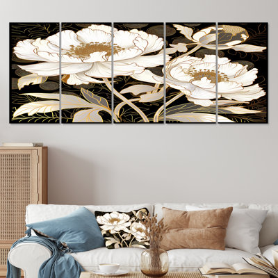 Pivoines blanches et noyau doré - ensemble d'art mural pivoines 5 pièces