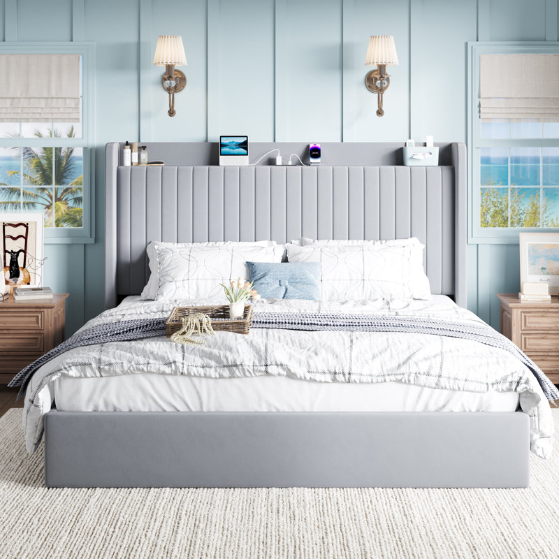 Hydraulic Lift Up Storage Upholstered Platform Bed With Shelf And Charging Station, Gray, King