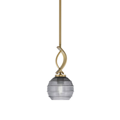 Zygi Stem Hung Mini Pendant Shown In New Age Brass Finish With 6" Smoke Ribbed Glass