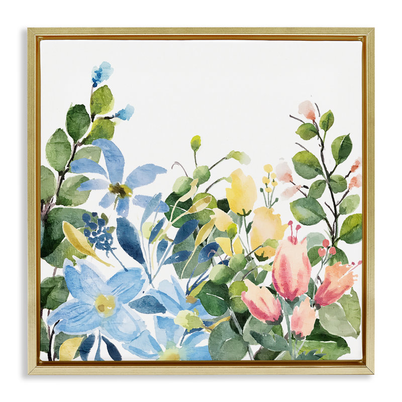 "Leafy Spring Blooms", art mural sur toile flottante par Kim Allen, H 18 po x l 18 po, Cadre flottant métallique doré