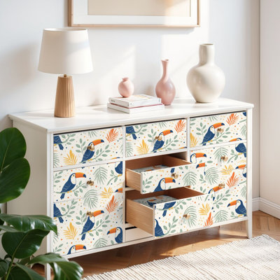 Papier peint auto-adhésif pour enfants, papier de dessin animé Toucan, feuilles tropicales, style minimaliste, adhésif et amovible, 17,7 po x 118 po (45 x 300 cm)