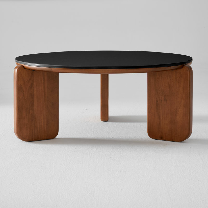 31.5"W Modern Coffee Table with Sintered Stone Round Tabletop and Solid Poplar Legs, Black Sintered Stone, Brown Poplar