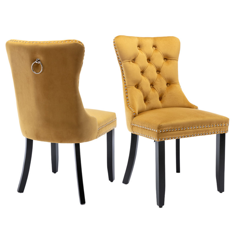 Chaise de salle à manger en velours avec anneau à dossier et pieds en bois massif, Doré, Noir, 2