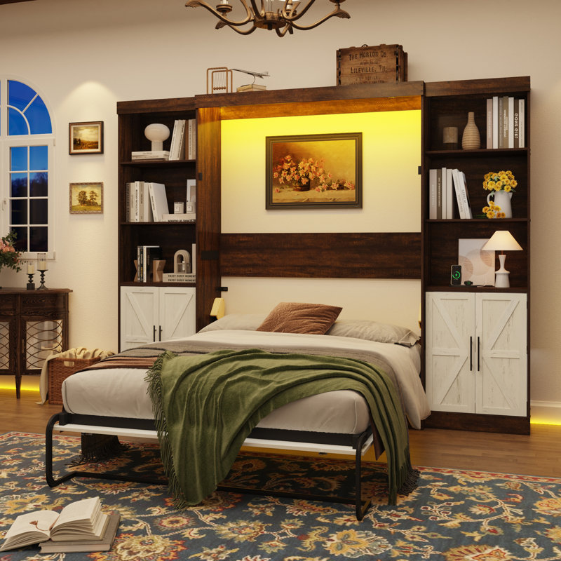 Murphy Bed With 2 Side Storage Cabinets, LED Lights, And Charging Station,  No Box Spring Needed, For Home Office, Full