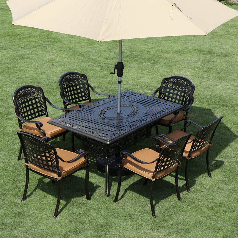 L'ensemble de salle à manger pour patio 7 pièces Newton Vivijason, ensemble de conversation d'extérieur en aluminium coulé résistant aux intempéries, comprend 6 chaises rembourrées et une table rectangulaire avec trou de parasol pour la cour du jar