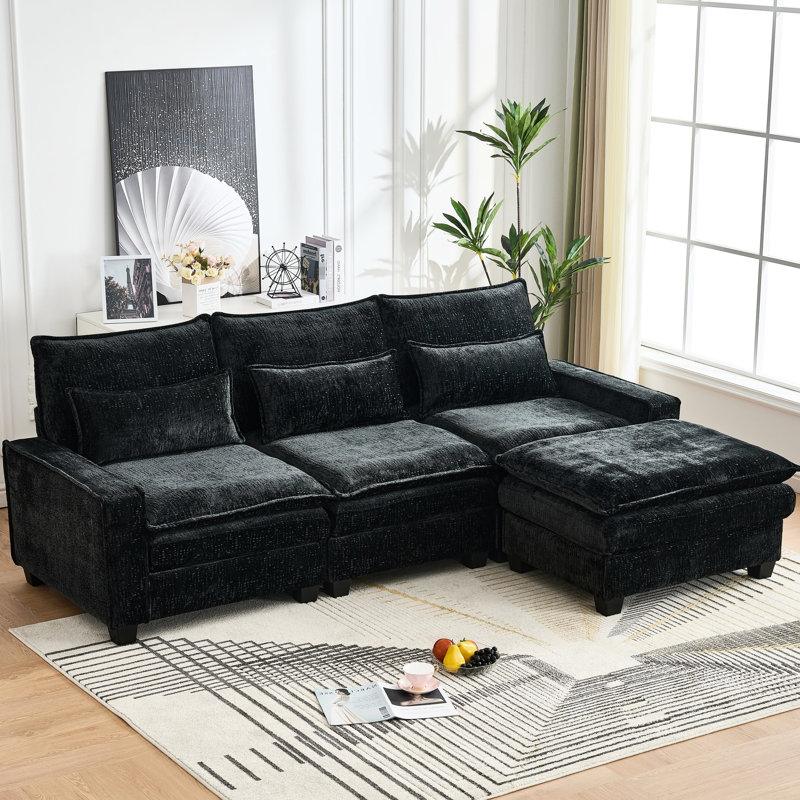 Canapé modulaire en chenille de 99 po de style salon en L 4 places, siège moelleux et mi-moelleux, confort en nuage, mousse et ressorts à double couche, base en bois massif en forme de L noire pour salon
