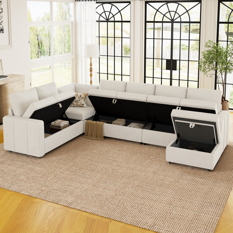 Seybert Luxurious U-Shaped Sofa Velvet Chenille Sectional Sofa For Living Room, Beige Velvet