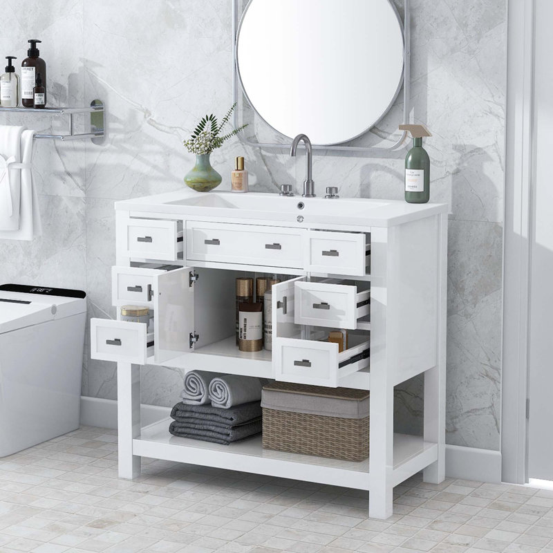 Meuble-lavabo moderne avec lavabo supérieur, 2 portes à fermeture douce et 6 tiroirs, Blanc