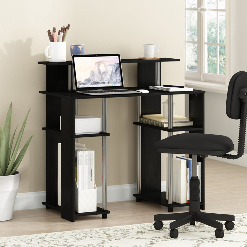 Bozidar Computer Desk, Americano/Stainless Steel, 90" H x 90" W x 48" D