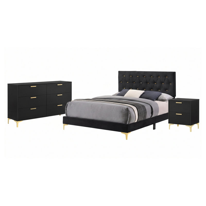 Ensemble de chambre à coucher Harlow noir Queen 3 pièces avec lit en velours capitonné, commode et table de chevet