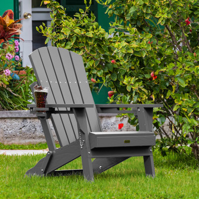 Weather-Resistant Adirondack Chairs with Cup Holder: Outdoor Plastic HDPE Folding Adirondack Chairs for Fire Pit/Deck/Porch/Garden/Lawn/Backyard (Gray)