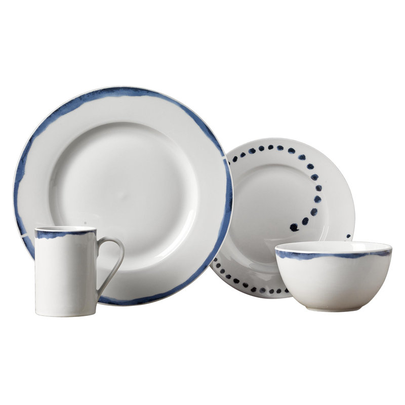 Isla White and Blue Porcelain 16-Piece Dinnerware Set