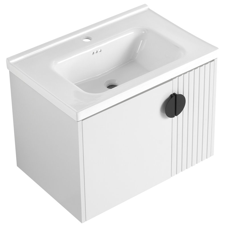 Comptoir de salle de bain mural avec lavabo en céramique de 28 pouces - petite baignoire, armoire à porte à fermeture en douceur avec lavabo, scandinave