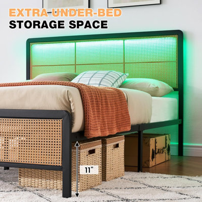 Queen Metal Rattan Bed Frame with LED Headboard, Boho Style, Black & Oak
