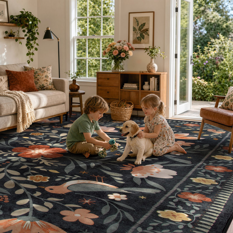 Goldene Boho Bird Area Rug Washable Rugs for Living Room, Large Floral Bedroom Carpet Low-Pile, Rectangle 9' x 12'