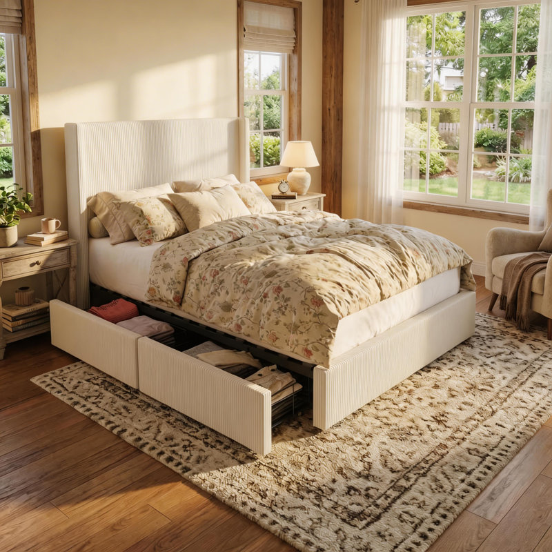 Structure de lit plateforme tapissier blanc crème avec tiroirs de rangement, dossier à oreilles en velours côtelé avec tête et pied de lit capitonnés, aucun sommier nécessaire, assemblage facile, blanc crème