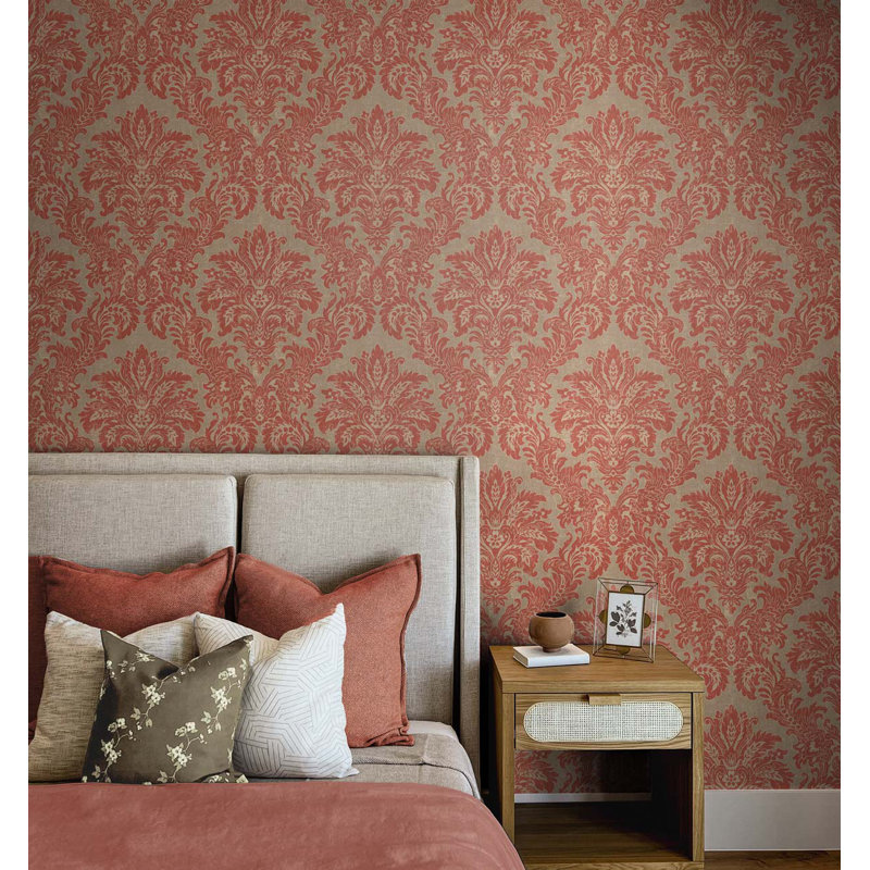 Mackinac Non-Pasted Damask Wallpaper Roll, Mocha/Red