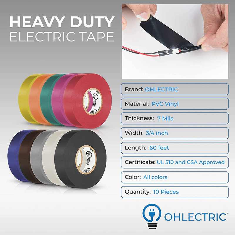 Ruban électrique multicolore en PVC de qualité professionnelle sans plomb 3/4 po x 0,07 po x 60 pi