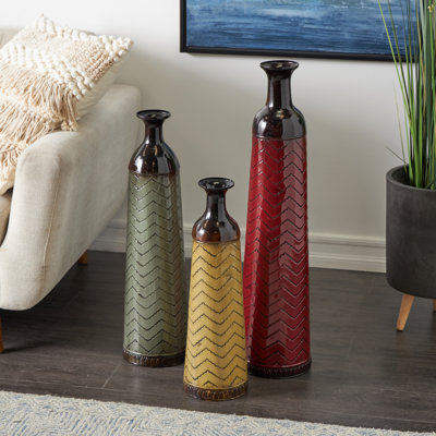 Metal Tall Enameled Bottleneck Floor Decorative Vase with Chevron Pattern