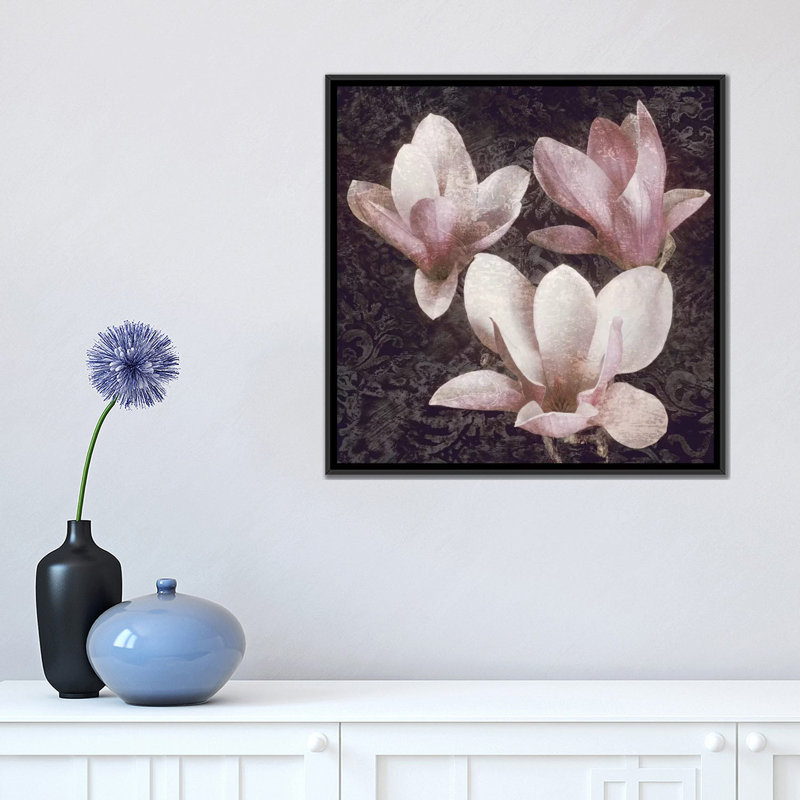 " Pink Magnolias II " by John Seba, 18" H x 18" W x 1.5" D, Black Framed Canvas, No Mat