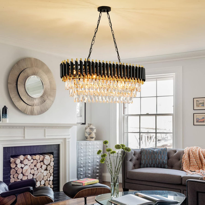 31.4" Modern Black Oval Crystal Chandelier, E14 Base (Bulb Not Included)