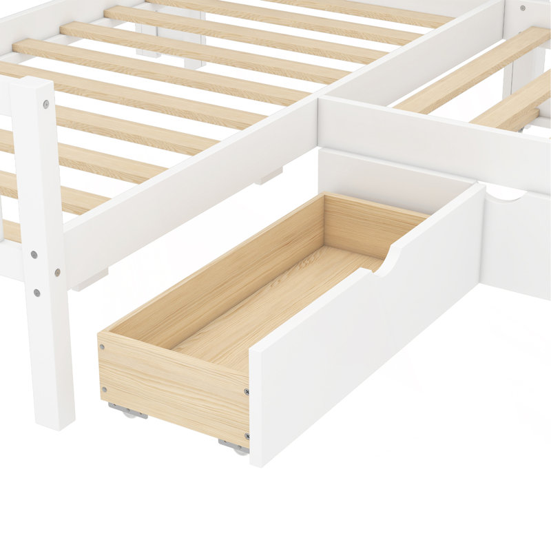 Lit plateforme simple en L avec lit gigogne, lit plateforme en bois massif avec tiroirs et tablettes de rangement, sans sommier nécessaire, blanc