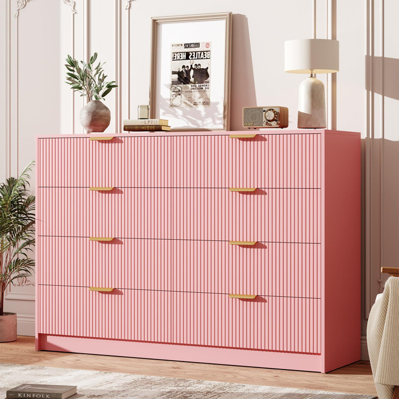 Pink 54" Wide Fluted 6-Drawer Dresser – Double Chest with Gold Handles, Large TV Stand & Versatile Storage for Living Room, Bedroom, Hallway