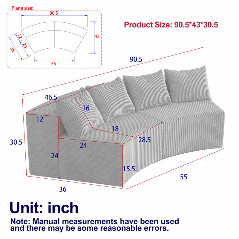 Corduroy Curved Sectional Sofa With Four Pillows,Curved Symmetrical Modular Semi Circular Sofa Sectional(Two Modules)