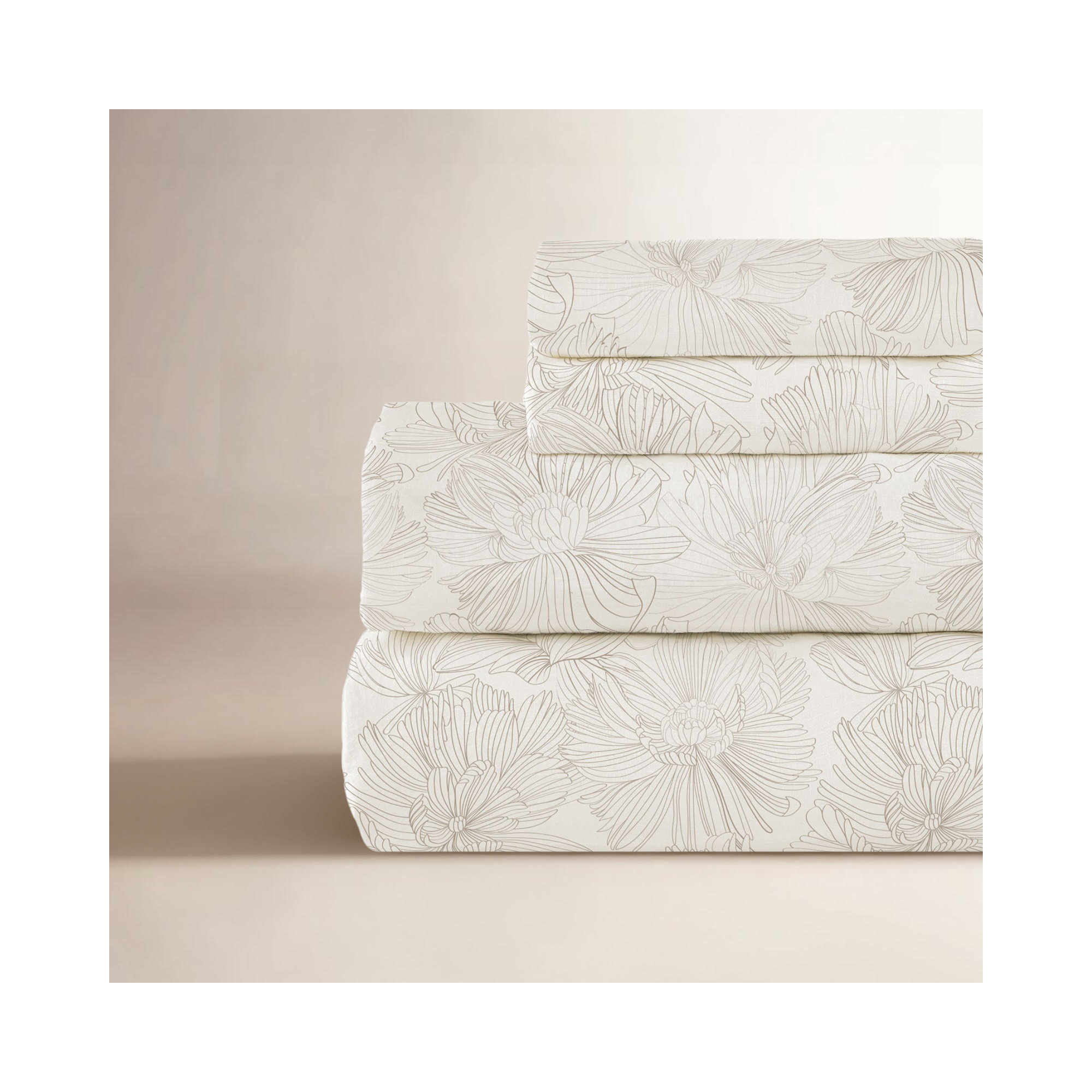 100% French Linen Sheet Set, Cream/Putty Floral, Twin XL Sheet Set with 1 Pillowcase