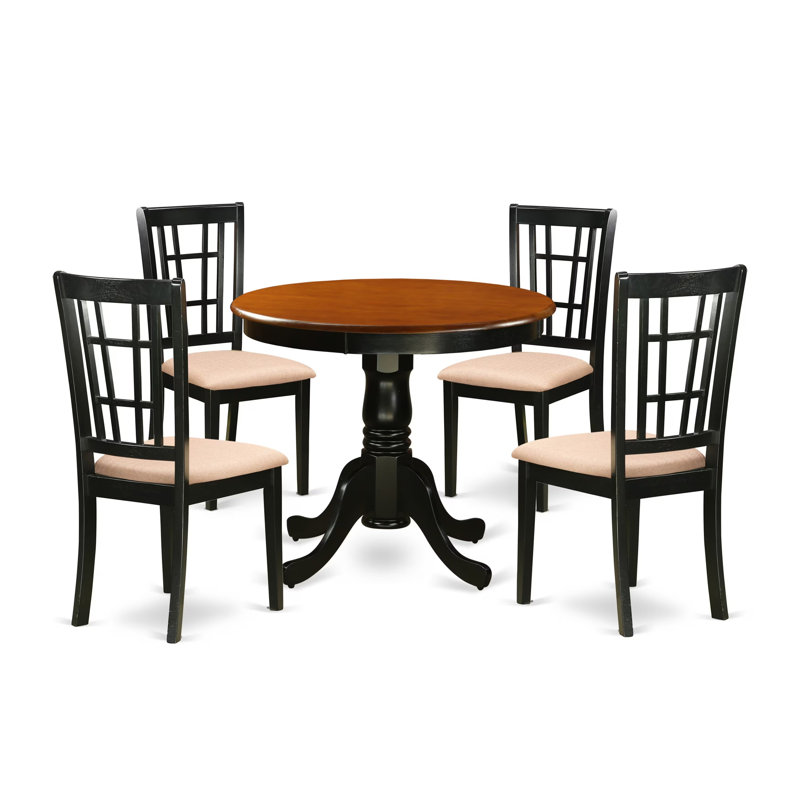 Ensemble de table de salle à manger 5 pièces comprenant une table de cuisine ronde avec piédestal et 4 chaises de salle à manger rembourrées en tissu de lin, 36 po x 36 po, noir et cerise