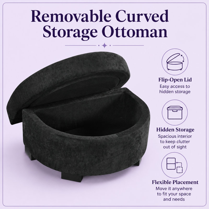 Canapé d'angle Efigenia de 239 cm avec pouf de rangement, ports USB et porte-gobelets, de couleur noir., Noir