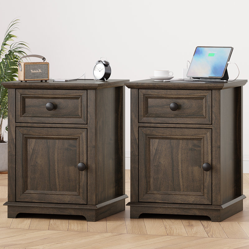 Azella 1-Drawer Frame End Table Set with Storage and Built-In Outlets, Rustic Brown