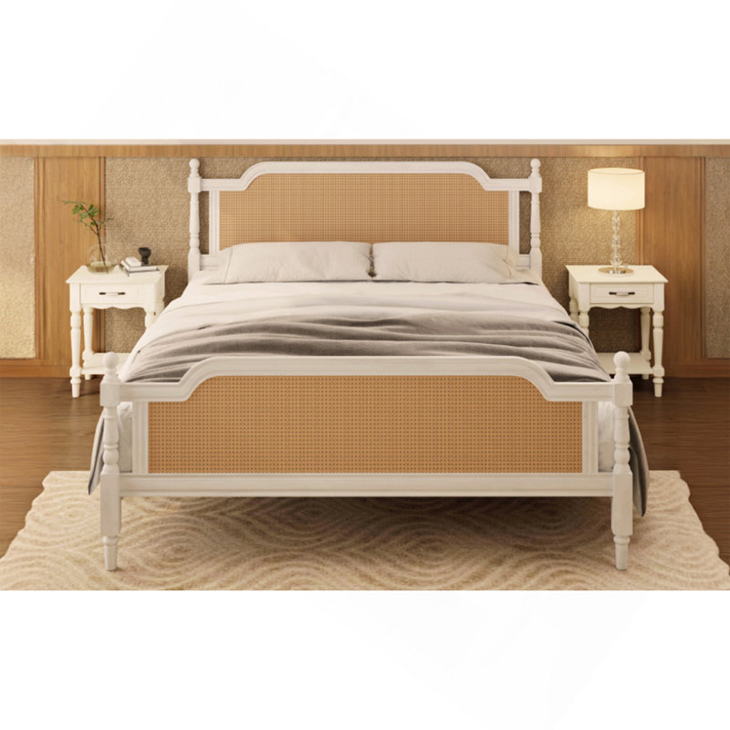 Traditional Style Rattan Queen Size Bed Frame,No Box Spring Needed,Antique White