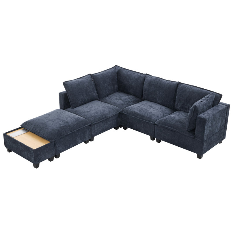Fabian 90" Modular Sectional Sofa with Hidden Charging Ports & Ottoman, Blue Chenille