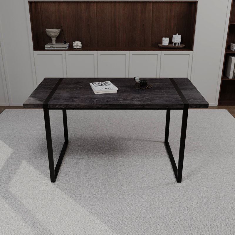 Table de salle à manger rectangulaire, 150 cm, noire, pieds en métal, plateau épais de 3,8 cm, pour 4 à 6 personnes, usage domestique et cuisine, avec structure et plateau épais.