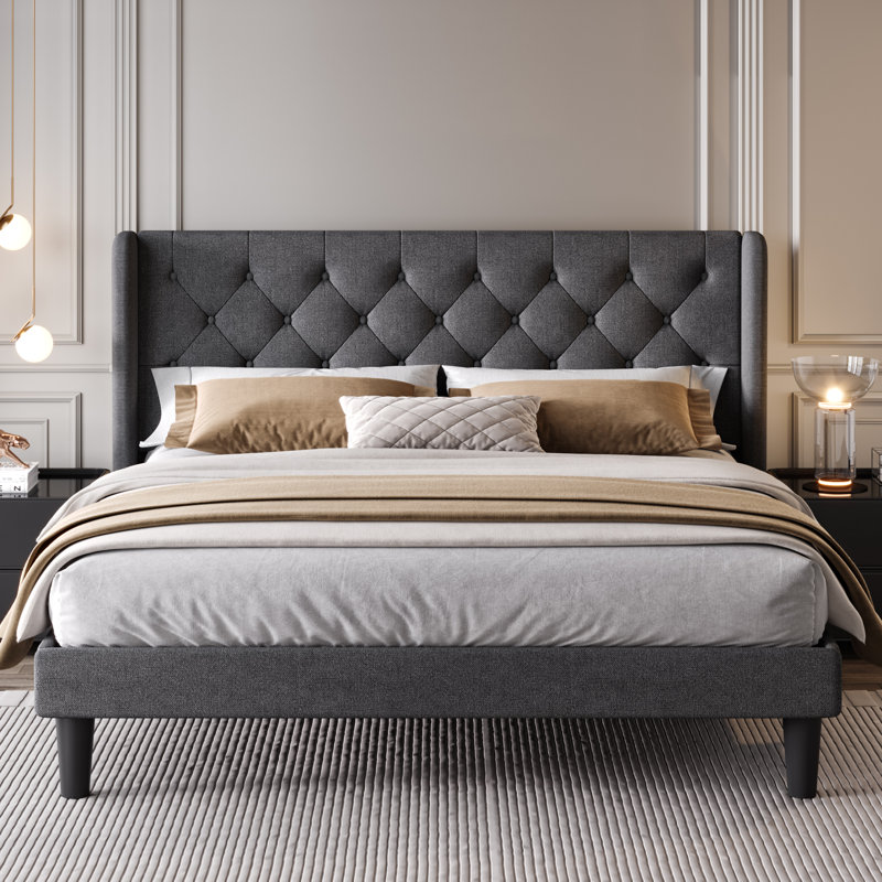 Bertillo Tufted Upholstered Low Profile Platform Bed with Wingbacks, King, Dark Gray