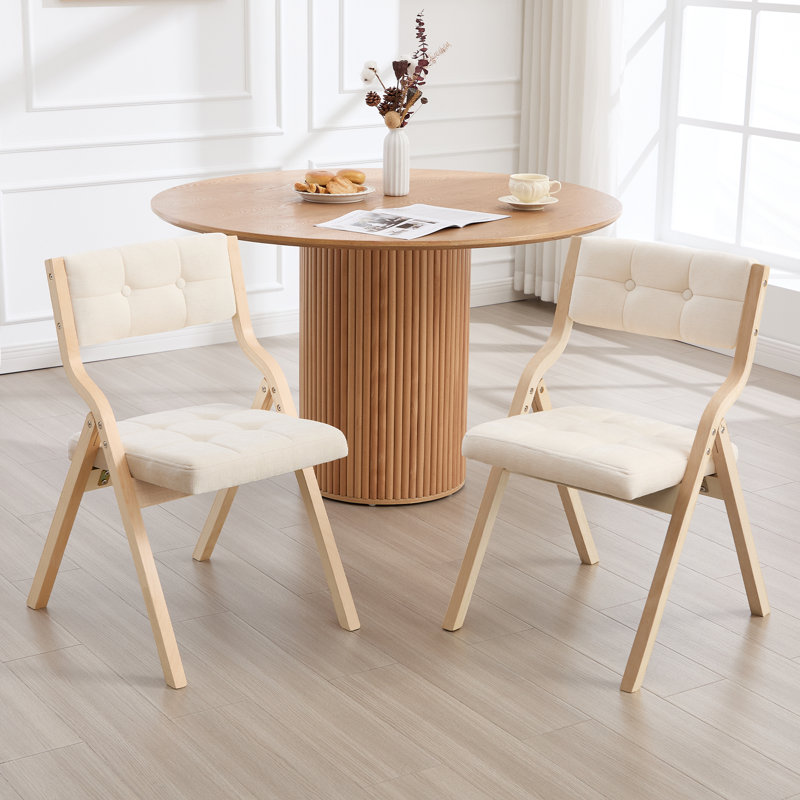 Elegantly Designed Foldable Chair With Solid Wood Frame And Button-Tufted Upholstered Backrest And Seat, Beige/Natural