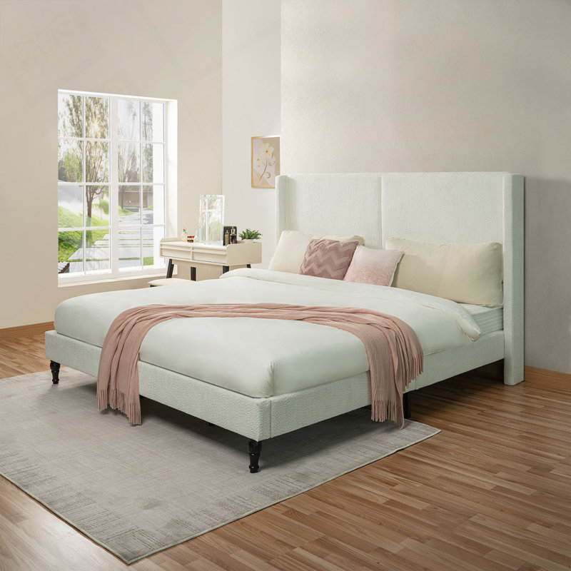 Structure de lit en tissu avec tête de lit rembourrée Boucle, Blanc, Très grand